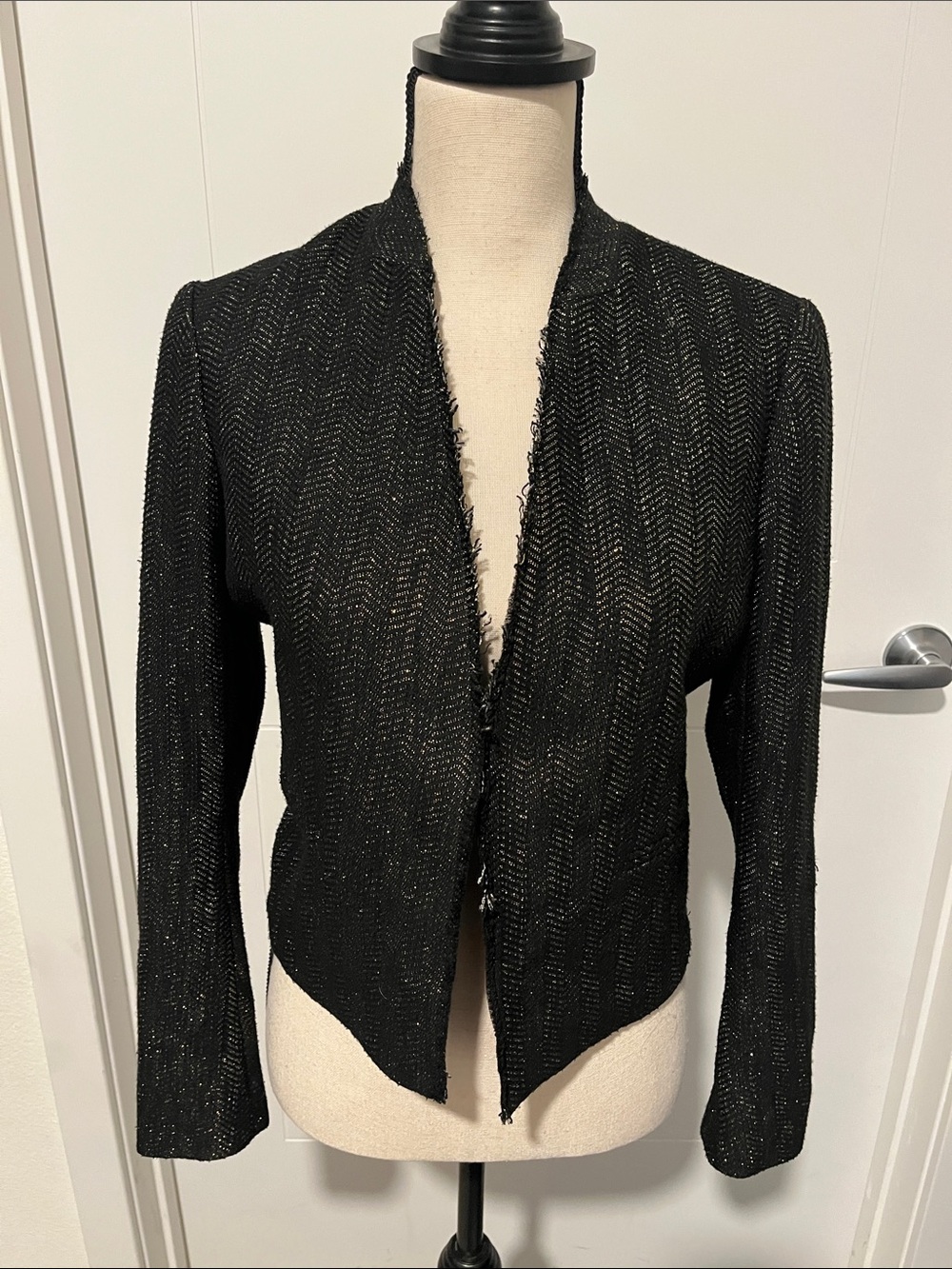 Maje Diablotin Tweed Herringbone Black Metallic Gold Frayed Blazer Jacket